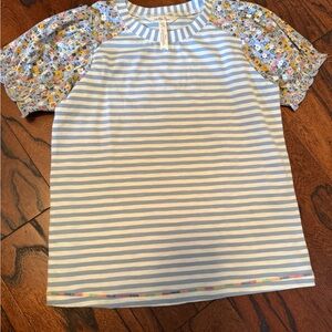 Matilda Jane Blue and White Striped Tee with Floral Sleeves